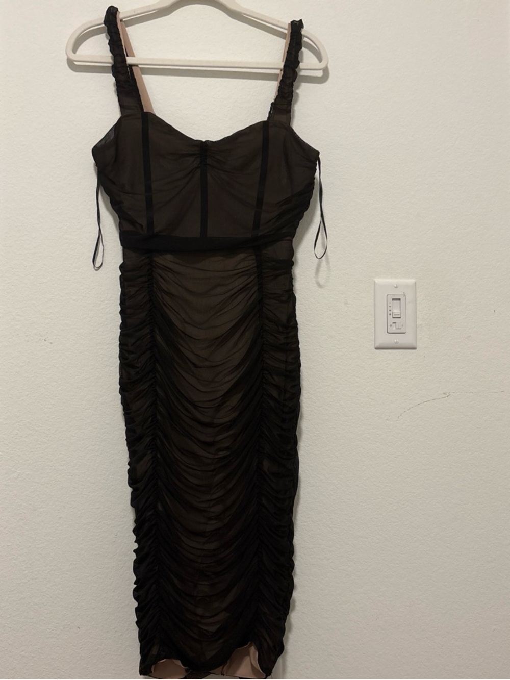 Black Ruched Mesh Maxi Dress with Spaghetti Straps